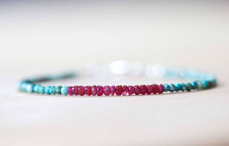 Dainty Turquoise & Ruby Bracelet, Delicate Beaded Multi Gemstone Jewelry, December July Genuine Birthstone