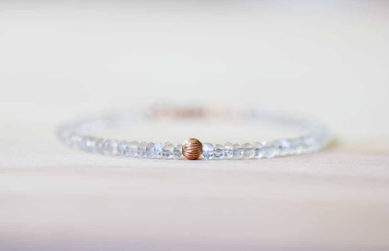 Ceylon Moonstone Bracelet with Rose Gold Filled or Sterling Silver, Beaded Moonstone Jewelry, White Gemstone Stacking, June Birthstone