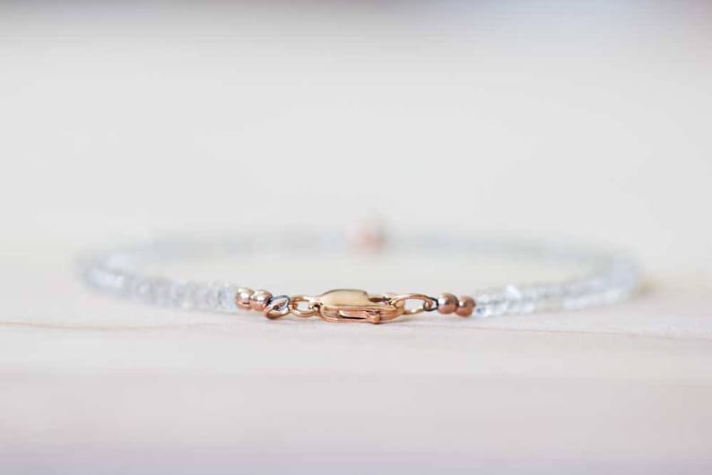 Ceylon Moonstone Bracelet with Rose Gold Filled or Sterling Silver, Beaded Moonstone Jewelry, White Gemstone Stacking, June Birthstone
