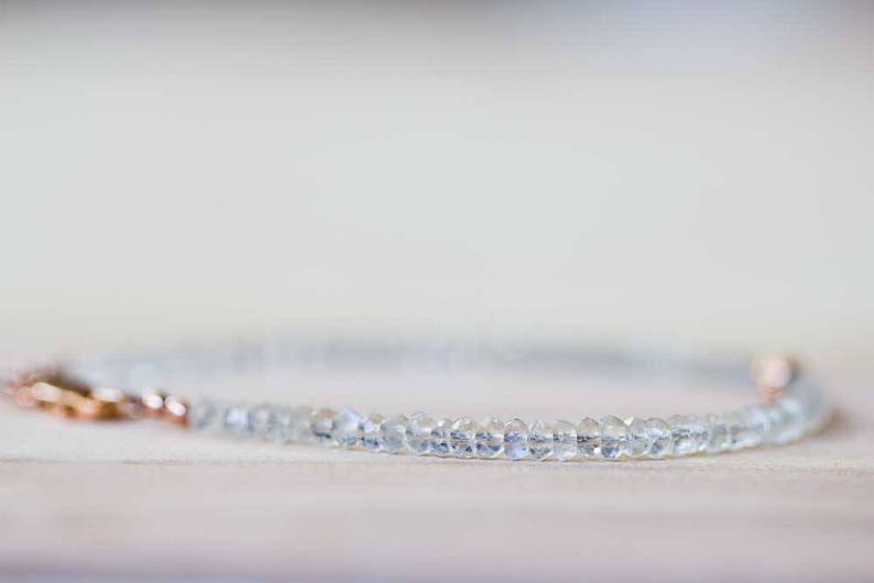 Ceylon Moonstone Bracelet with Rose Gold Filled or Sterling Silver, Beaded Moonstone Jewelry, White Gemstone Stacking, June Birthstone