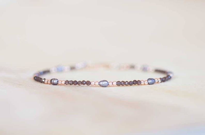 Smoky Quartz Bracelet with Peacock Pearls, Delicate Multi Gemstone Beaded Jewelry, Rose Gold Fill or Sterling Silver, Tiny Faceted Beads