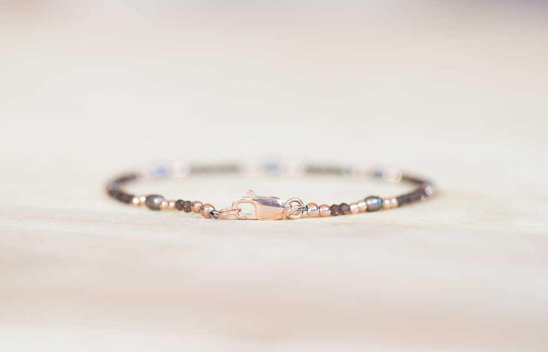 Smoky Quartz Bracelet with Peacock Pearls, Delicate Multi Gemstone Beaded Jewelry, Rose Gold Fill or Sterling Silver, Tiny Faceted Beads