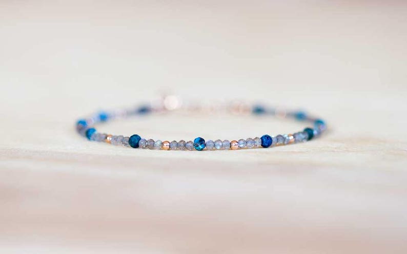 Labradorite Bracelet with Chrysocolla, Delicate Multi Gemstone Beaded Jewelry, Rose Gold Fill or Sterling Silver, Dainty Faceted Beads