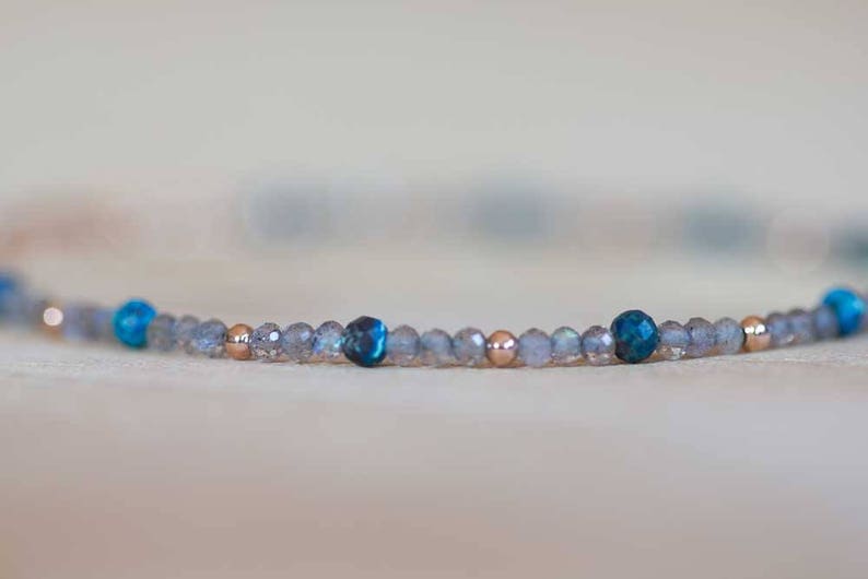 Labradorite Bracelet with Chrysocolla, Delicate Multi Gemstone Beaded Jewelry, Rose Gold Fill or Sterling Silver, Dainty Faceted Beads