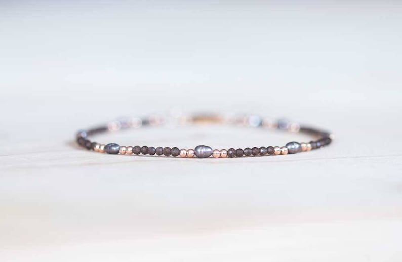Smoky Quartz Bracelet with Peacock Pearls, Delicate Multi Gemstone Beaded Jewelry, Rose Gold Fill or Sterling Silver, Tiny Faceted Beads