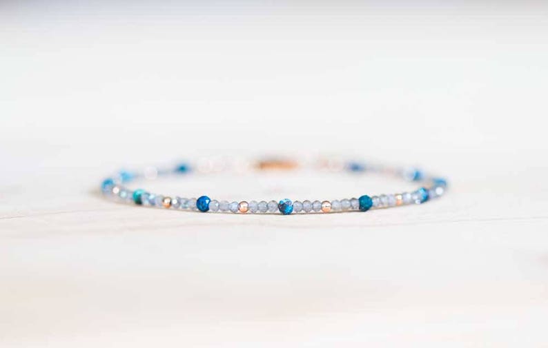 Labradorite Bracelet with Chrysocolla, Delicate Multi Gemstone Beaded Jewelry, Rose Gold Fill or Sterling Silver, Dainty Faceted Beads
