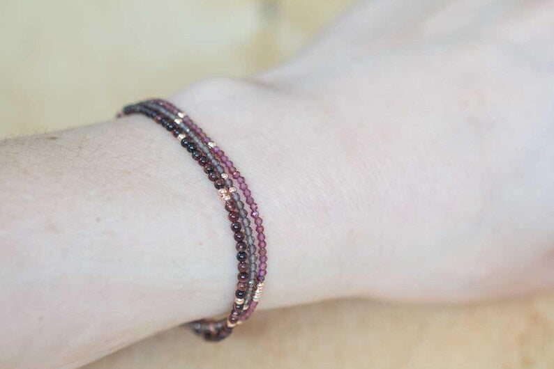 Smoky Quartz, Garnet and Tiger Eye Bracelet with Rose Gold Fill or Sterling Silver, Delicate Wrap Gemstone Bracelet, Smokey Quartz Jewelry