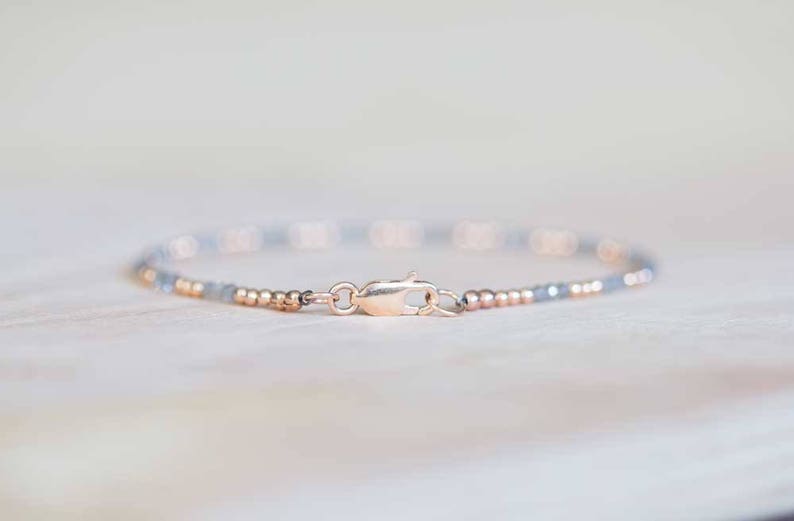 Labradorite Bracelet, Ultra Delicate Minimal Stacking Beaded Grey Gemstone Jewelry, Minimalist Super Skinny, Sterling Silver Rose Gold Fill