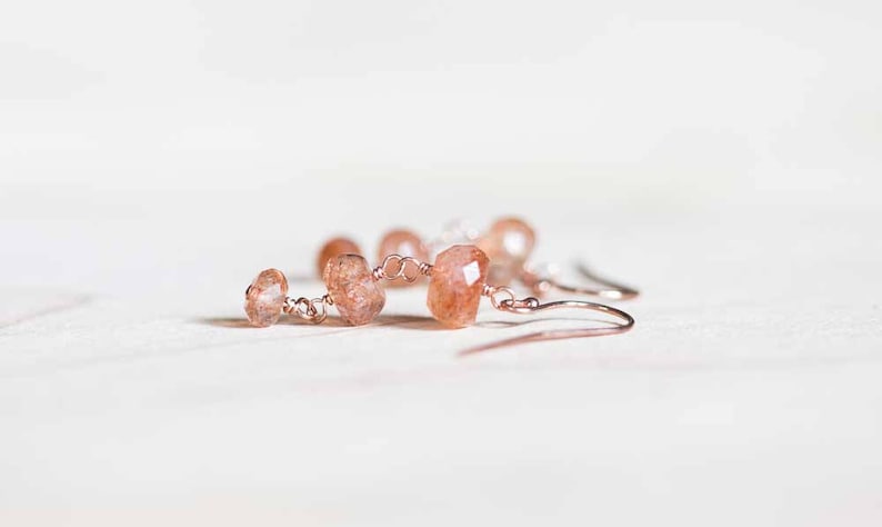 Sunstone Earrings with Rose Gold Fill or Sterling Silver, Delicate Orange Gemstone Dangle Earrings, Faceted Rondelle Sunstone Jewelry