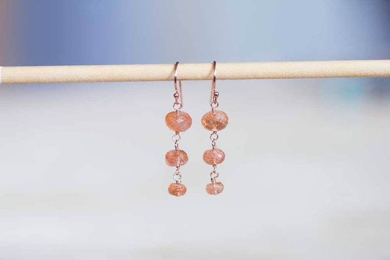 Sunstone Earrings with Rose Gold Fill or Sterling Silver, Delicate Orange Gemstone Dangle Earrings, Faceted Rondelle Sunstone Jewelry