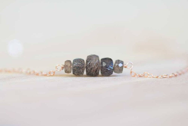 Gray Moonstone Bar Necklace on Oxidized Sterling, Sterling Silver, Yellow or Rose Gold Filled Chain, Delicate Gemstone Layering Jewelry