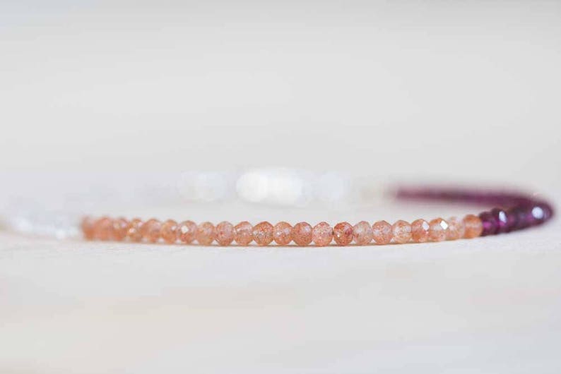 Sunstone, Rose Quartz and Garnet Bracelet, Delicate Beaded Stacking Multi Gemstone Jewelry, Rose Gold Fill or Sterling Silver, Rhodolite