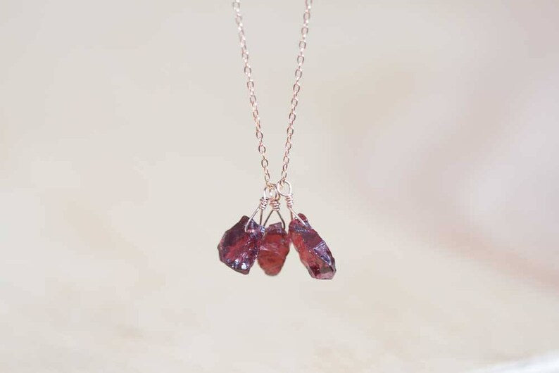 Rough Garnet Necklace on Sterling Silver or Rose Gold Filled Chain, Gemstone Cluster Necklace, Raw Garnet Crystal Jewelry, Oxidized