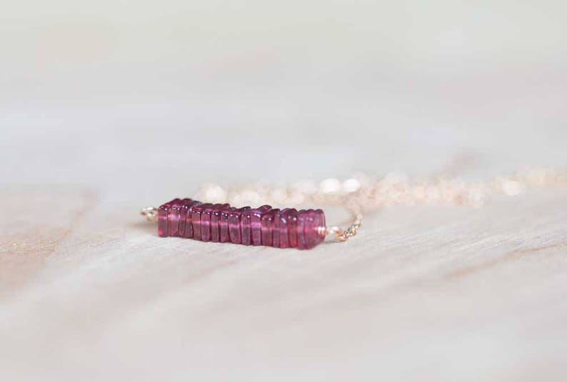 Square Garnet Bar Necklace on Rose Gold Filled, Oxidized Sterling or Sterling Silver Chain, Delicate January Birthstone Jewelry