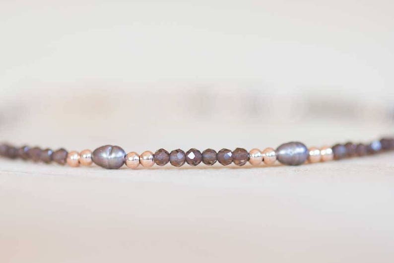Smoky Quartz Bracelet with Peacock Pearls, Delicate Multi Gemstone Beaded Jewelry, Rose Gold Fill or Sterling Silver, Tiny Faceted Beads