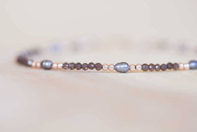 Smoky Quartz Bracelet with Peacock Pearls, Delicate Multi Gemstone Beaded Jewelry, Rose Gold Fill or Sterling Silver, Tiny Faceted Beads