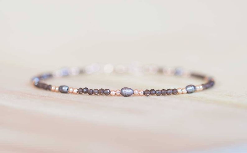 Smoky Quartz Bracelet with Peacock Pearls, Delicate Multi Gemstone Beaded Jewelry, Rose Gold Fill or Sterling Silver, Tiny Faceted Beads