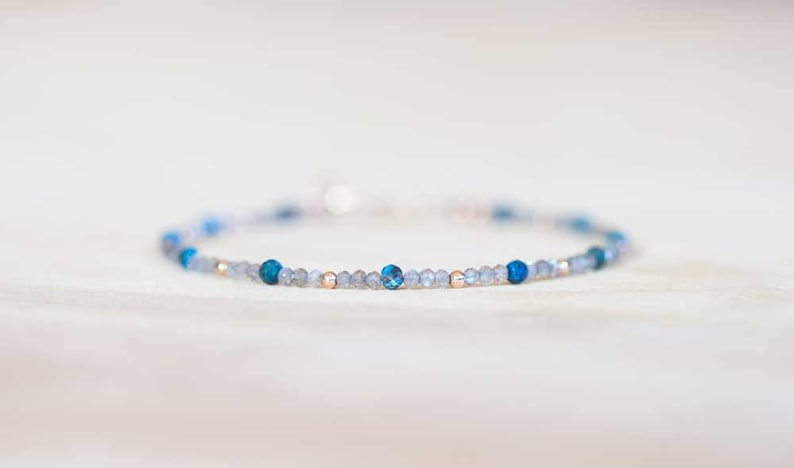 Labradorite Bracelet with Chrysocolla, Delicate Multi Gemstone Beaded Jewelry, Rose Gold Fill or Sterling Silver, Dainty Faceted Beads