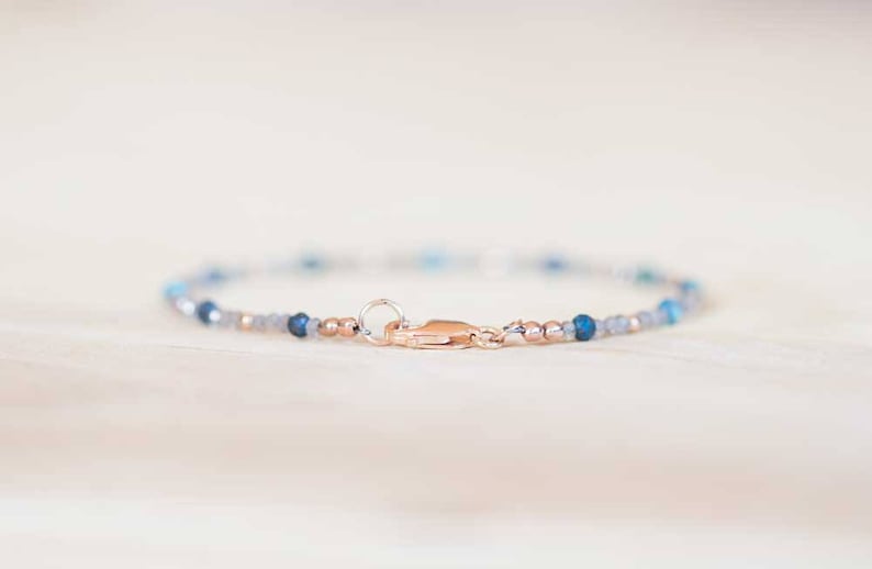 Labradorite Bracelet with Chrysocolla, Delicate Multi Gemstone Beaded Jewelry, Rose Gold Fill or Sterling Silver, Dainty Faceted Beads