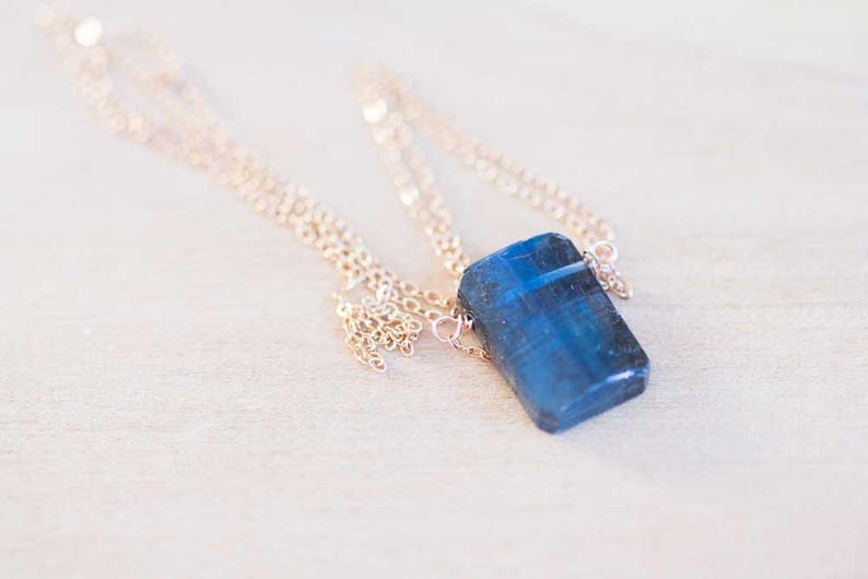 Kyanite Pendant on Sterling Silver or Rose Gold Filled Chain, Dark Blue Kyanite Necklace, Minimal Dark Blue Gemstone Jewelry