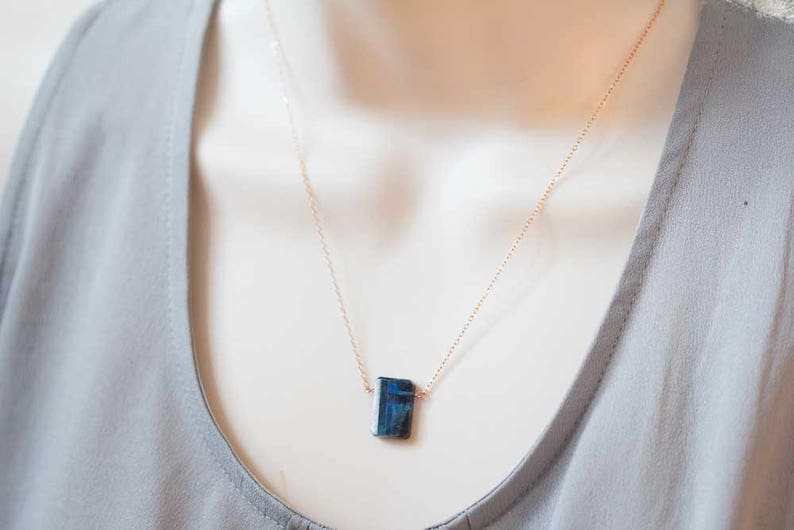 Kyanite Pendant on Sterling Silver or Rose Gold Filled Chain, Dark Blue Kyanite Necklace, Minimal Dark Blue Gemstone Jewelry