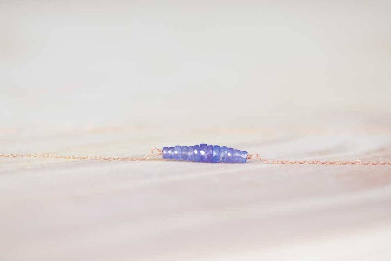 Tanzanite Bar Necklace on Rose Gold Filled, Oxidized Sterling or Sterling Silver Chain, Delicate December Birthstone Jewelry, Blue Gemstone