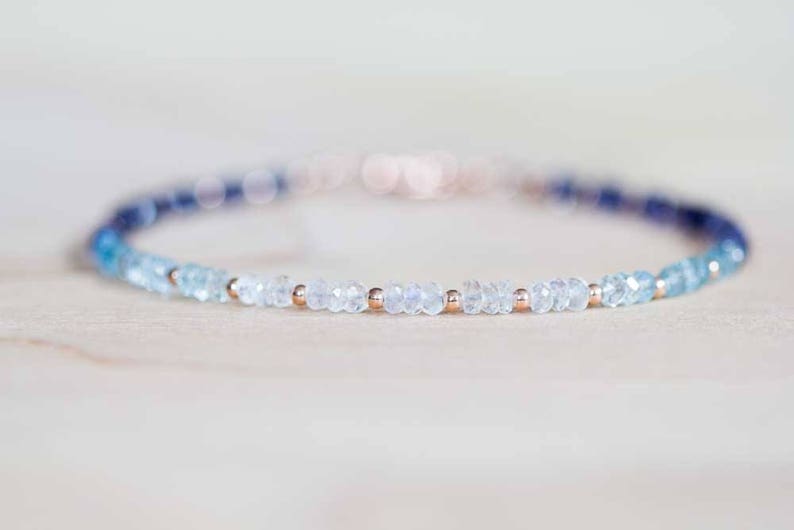 Iolite, Aquamarine and Rainbow Moonstone Bracelet, Rose Gold Fill or Sterling Silver, Delicate Beaded Gemstone Ombre Stacking Bracelet