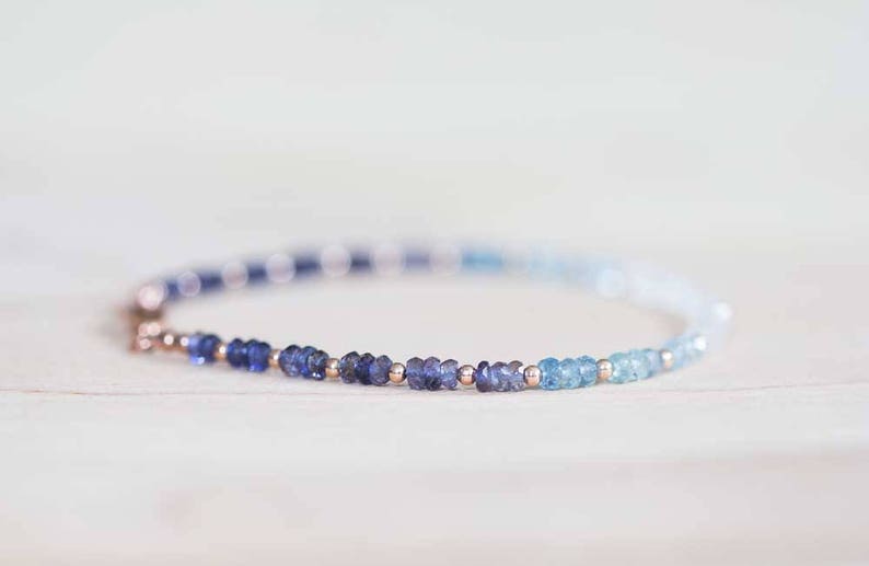 Iolite, Aquamarine and Rainbow Moonstone Bracelet, Rose Gold Fill or Sterling Silver, Delicate Beaded Gemstone Ombre Stacking Bracelet