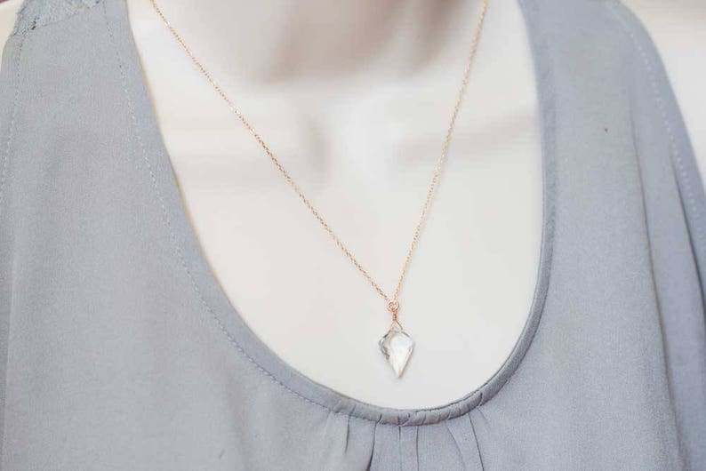 Clear Quartz Necklace on 14k Rose Gold Filled or Sterling Silver Chain, Delicate Crystal Pendant, Oxidized Sterling Silver Jewelry