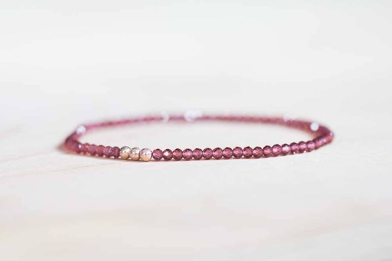 Garnet Bracelet, Beaded Red Gemstone Elastic Stacking Jewelry, Delicate Stretch Faceted Small Beads, Rose Gold Fill or Sterling Silver