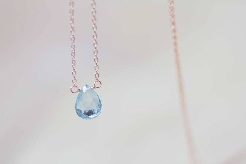 Aquamarine Necklace on Rose Gold Fill, Oxidized Sterling Silver Chain, Delicate March Birthstone Jewelry, Faceted Pear Briolette Pendant