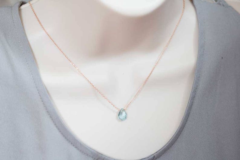 Aquamarine Necklace on Rose Gold Fill, Oxidized Sterling Silver Chain, Delicate March Birthstone Jewelry, Faceted Pear Briolette Pendant