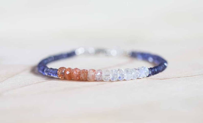 Iolite Bracelet with Rainbow Moonstone & Sunstone, Blue Gemstone Stacking Jewelry, Sterling Silver or Rose Gold Filled