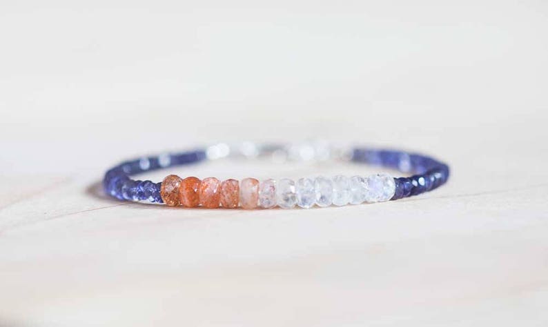 Iolite Bracelet with Rainbow Moonstone & Sunstone, Blue Gemstone Stacking Jewelry, Sterling Silver or Rose Gold Filled