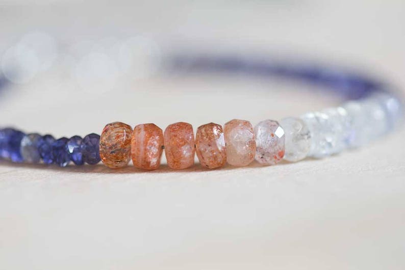 Iolite Bracelet with Rainbow Moonstone & Sunstone, Blue Gemstone Stacking Jewelry, Sterling Silver or Rose Gold Filled