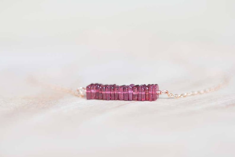 Square Garnet Bar Necklace on Rose Gold Filled, Oxidized Sterling or Sterling Silver Chain, Delicate January Birthstone Jewelry