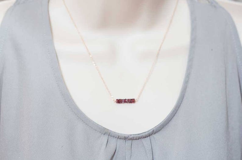 Square Garnet Bar Necklace on Rose Gold Filled, Oxidized Sterling or Sterling Silver Chain, Delicate January Birthstone Jewelry