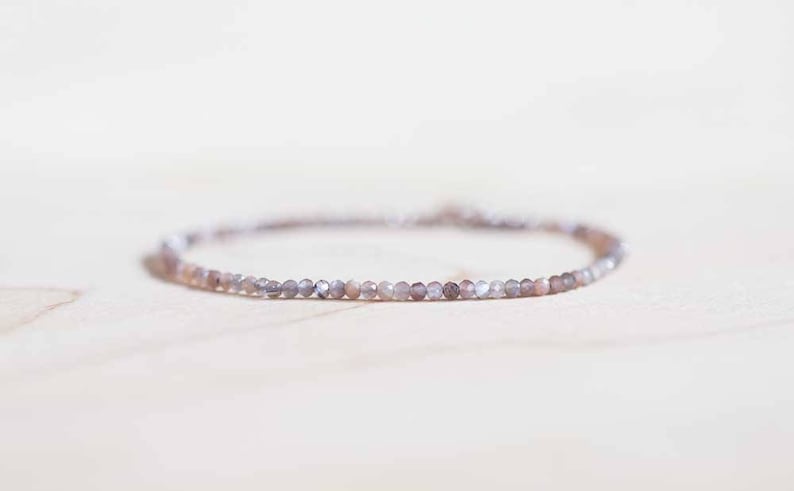 Dainty Brown Moonstone Stretch Bracelet, Delicate Grey Chocolate Gemstone Jewelry, Faceted Beads on Elastic Cord