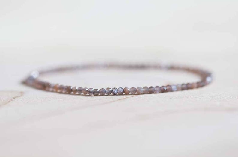 Dainty Brown Moonstone Stretch Bracelet, Delicate Grey Chocolate Gemstone Jewelry, Faceted Beads on Elastic Cord