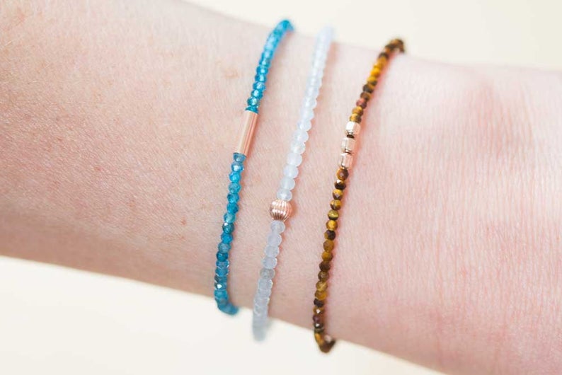 Tiger Eye Stretch Bracelet, Beaded Gemstone Elastic Stacking Bracelet, Delicate Faceted Small Beads, Brown Gemstone