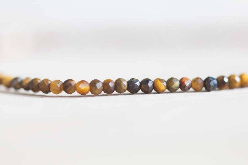 Tiger Eye Stretch Bracelet, Beaded Gemstone Elastic Stacking Bracelet, Delicate Faceted Small Beads, Brown Gemstone