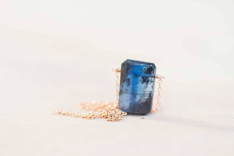 Kyanite Pendant on Sterling Silver or Rose Gold Filled Chain, Dark Blue Kyanite Necklace, Minimal Dark Blue Gemstone Jewelry