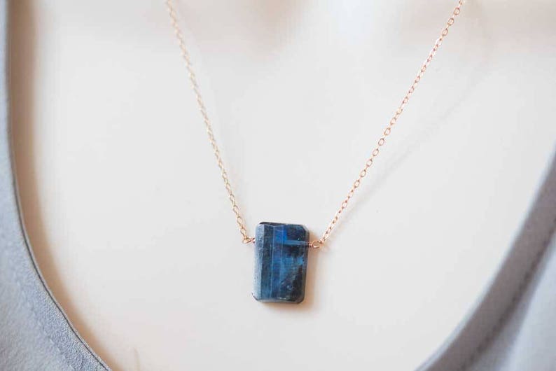 Kyanite Pendant on Sterling Silver or Rose Gold Filled Chain, Dark Blue Kyanite Necklace, Minimal Dark Blue Gemstone Jewelry