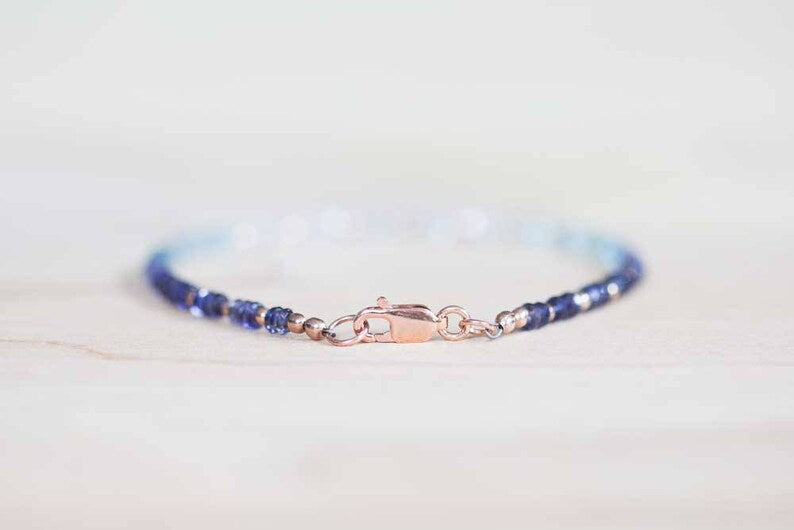 Iolite, Aquamarine and Rainbow Moonstone Bracelet, Rose Gold Fill or Sterling Silver, Delicate Beaded Gemstone Ombre Stacking Bracelet