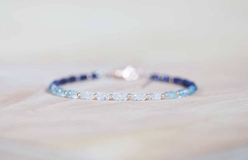 Iolite, Aquamarine and Rainbow Moonstone Bracelet, Rose Gold Fill or Sterling Silver, Delicate Beaded Gemstone Ombre Stacking Bracelet