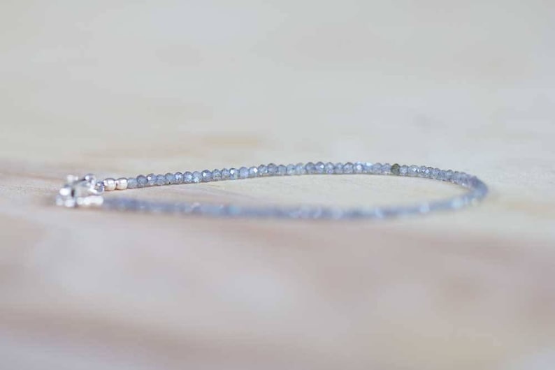 Dainty Labradorite Bracelet, Ultra Delicate Minimal Grey Gemstone Jewelry, Sterling Silver or Rose Gold Filled
