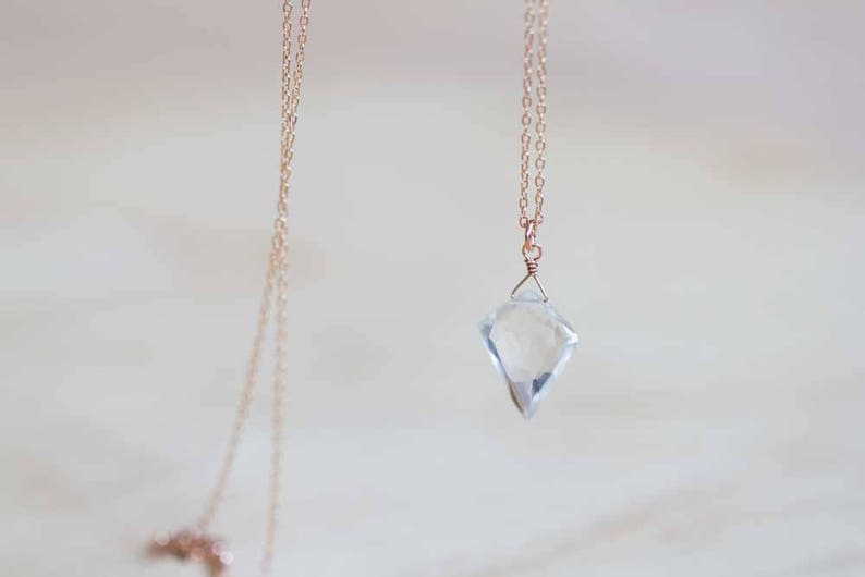 Clear Quartz Necklace on 14k Rose Gold Filled or Sterling Silver Chain, Delicate Crystal Pendant, Oxidized Sterling Silver Jewelry