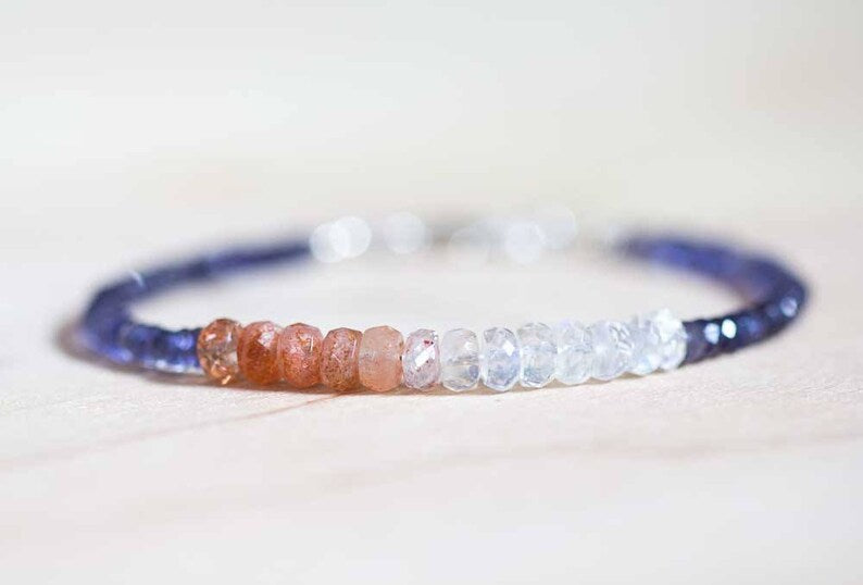 Iolite Bracelet with Rainbow Moonstone & Sunstone, Blue Gemstone Stacking Jewelry, Sterling Silver or Rose Gold Filled