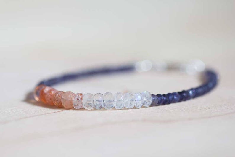 Iolite Bracelet with Rainbow Moonstone & Sunstone, Blue Gemstone Stacking Jewelry, Sterling Silver or Rose Gold Filled