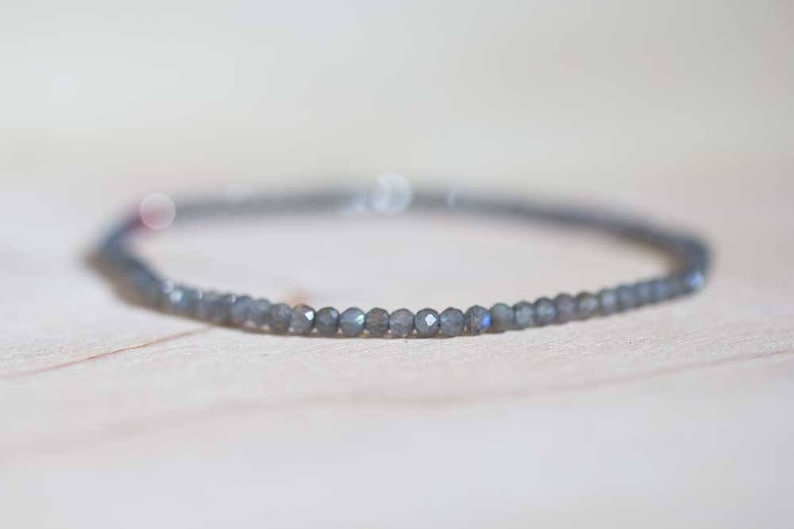 Labradorite Bracelet with Ruby, Beaded Grey Gemstone Elastic Stacking Jewelry, Delicate Stretch Faceted Small Beads